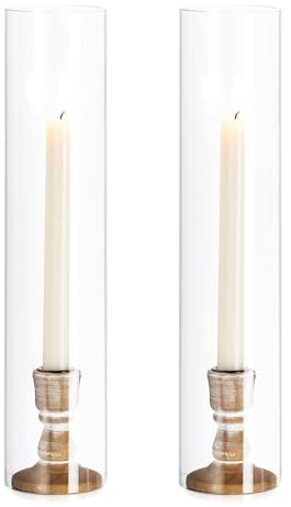 NUPTIO Holz Kerzenständer Glaszylinder Kerzen: 2 Stücke Glas Kerzenhalter Stabkerzen 35cm Groß Bodenlosen Zylinder Kerzen Windlicht Hochzeit Party Tisch Tafel Tafelaufsatz Esszimmer Deko
