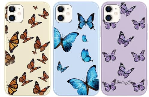 RUMDEY 3 Pack Aesthetic Butterfly Girls Woman Phone Case for Apple iPhone 11 6.1 inches, Matte Soft Slim Shockproof TPU Bumper Cover for iPhone 11 with Design, Blue&Purple&Beige
