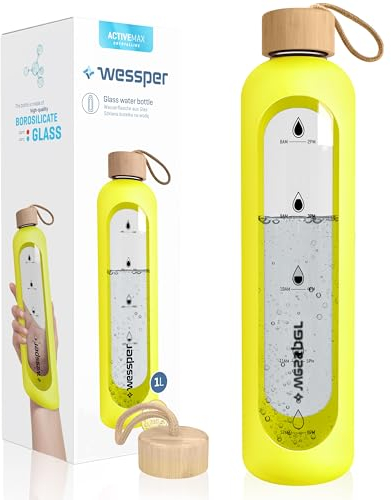 Wessper Trinkflasche Glas 1L mit Zeitmarkierungen, BPA-frei Trinkmotivation Borosilikat Wasserflasche, Luftdichte Glasflasche mit Bambus Deckel Wiederverwendbar mit Silikonhülle – Gelb