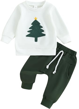 Lucikamy Ensemble de vêtements de Noël pour bébé garçon et fille - Imprimé à manches longues - Pantalon de jogging - Vêtements de Noël d'automne et d'hiver, Arbre blanc + vert, 12-18 mois