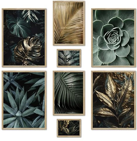 ARTFAVES® Poster Set - GOLD PLANT HARMONY - mehrteilige Wanddeko Wohnzimmer & Schlafzimmer - 8 moderne Wandbilder Pflanzen Bilder, grün, gold, Blätter, Monstera - mit Rahmen Eiche