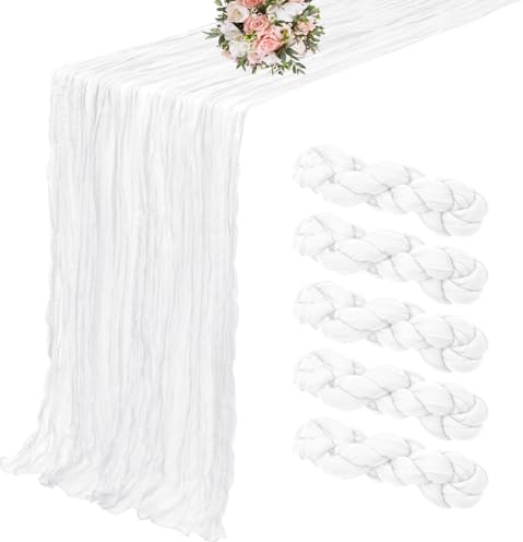 Lumaycens 5er-Pack Käsetuch-Tischläufer, weißer Tischläufer, 3 m, Tischläufer, rustikale Gaze-Tischläufer für Hochzeit, Tischdekoration, Hochzeitsbogen, Party-Dekoration (90 x 300 cm)