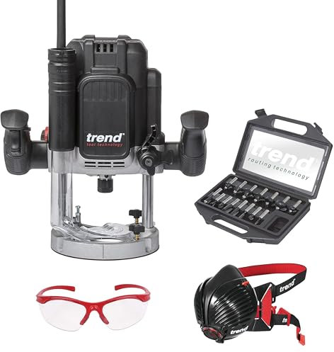 Trend T12 Ultimate Routing Starter Set, T12EK Variable Speed Plunge Router (2300W, 1/2 Inch, 240V), 15-Piece 1/2 Inch Router Cutter Set, Dust Mask & Safety Glasses, T12/START/SET
