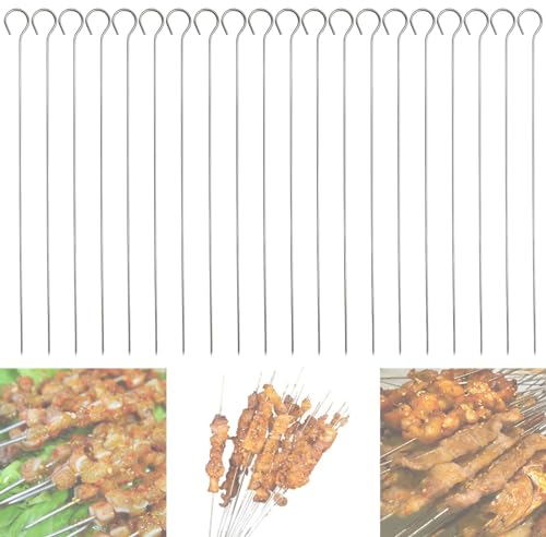 LQCOZYM Grillspieße aus Edelstahl – 20 Stück Runde Spieße 30 cm mit 2 Aufbewahrungsbeuteln & Handschuhen – Wiederverwendbare BBQ Spieße für Fleisch, Gemüse & vegetarische Gerichte