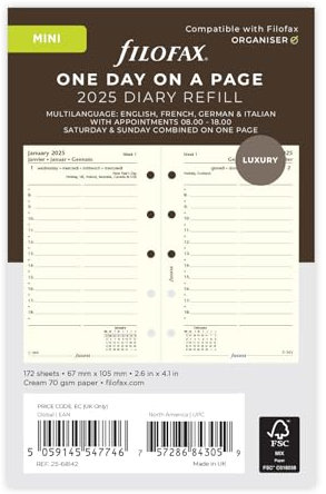 Filofax Mini-Tagebuch für 2025, 4-sprachig, 1 Tag pro Seite, cremefarben