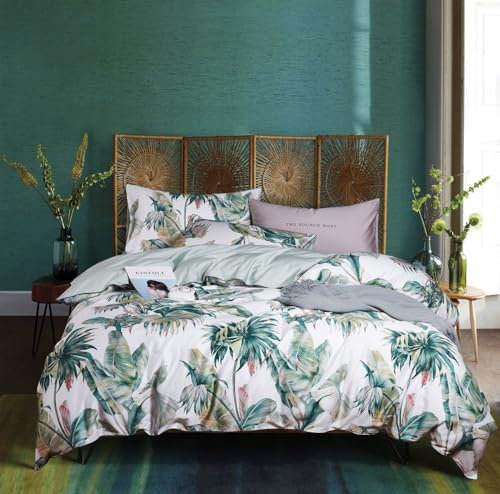 Freyamy Housse de Couette 220x240 Blanc Vert Feuilles Floral Parure de lit 2 Personne en Microfibre avec Fermeture Éclair Réversible Fleurie Sets de Housse Couette avec 2 Taie d'oreiller 65 x 65