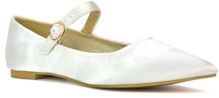 Women's Flat Mary Jane Shoes Ladies Buckle Strap Point Toe Ivory Satin Ballet Pumps Size 4