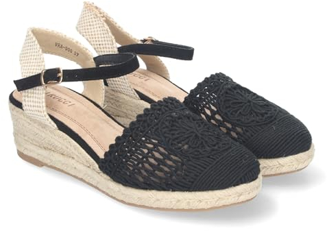 84455 Sandalia de Cuna de Yute para Mujer, Estilo Valenciana, con Pala Bordada, Cierre de Hebilla, Ideal para Primavera-Verano. Negro Talla 39