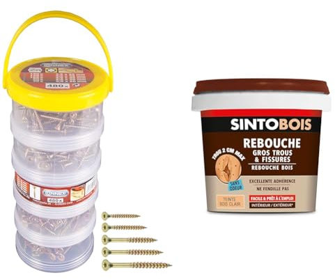 CON:P B30305 Assortiment de 480 Vis universelles galvanisées & Sinto Rebouche Bois pour Gros Trous et Fissures Bois Clair - 500 g - Facile et Prêt à l’Emploi