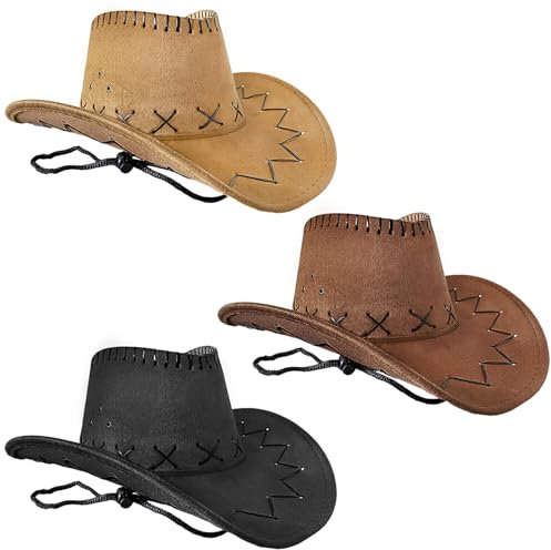 AUNGKWANG 3 Stück Western Cowboyhüte, Damen Cowboyhüte, Mottopartys - Party Hut für Erwachsene, Cowboy Hut, Geeignet für Musical Tanzparty, Mottoparty, Cosplay (Schwarz+Braun+Hellbraun)