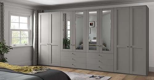 WIEMANN Drehtürenschrank mit 6 Schubkästen, mit 4 Spiegeltüren mittig, Landhausstil Kleiderschrank 400cm breit, Kieselgrau, Höhe 216cm, Marlow