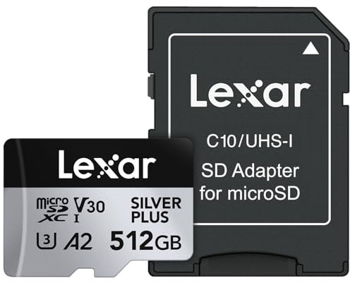 Lexar 512GB Professional Silver Plus Micro SD Card, UHS-I, C10, U3, V30, Full HD & 4K, Up to 205/150 MB/s microSDXC Memory Card, for Videographers, Gamers (LMSSIPL512G-BNANU)