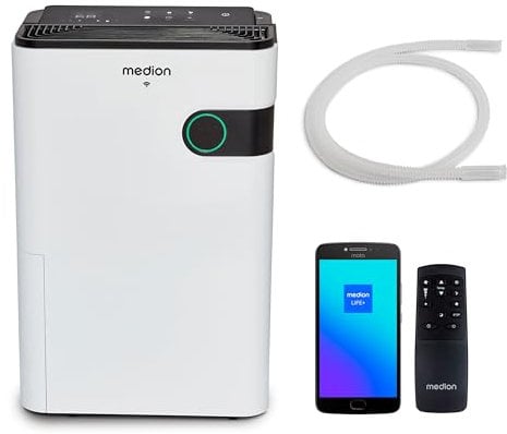 Deumidificatore MEDION con app e controllo vocale (serbatoio dell'acqua da 5L, fino a 40m², prestazioni di deumidificazione 24L/giorno, potenza massima 280W, 2 livelli di velocità, funzionamento touch