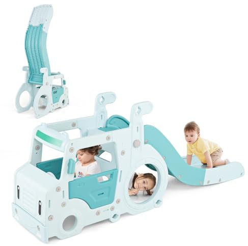COSTWAY 3 en 1 Toboggan Enfant Pliable en Forme Bus avec Volant Simulé & Levier de Commande, Aire de Jeux Intérieur avec Tunnel Rampant & Zone Tampon, Charge 30kg pour Enfants de 18 Mois+
