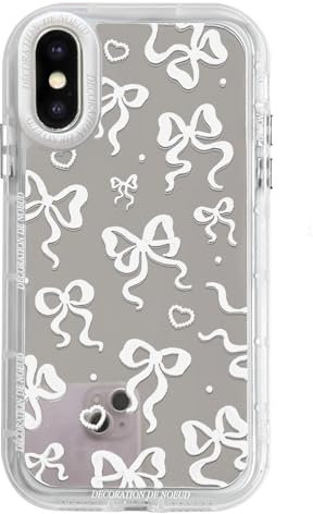 NITITOP Compatible with iPhone XS Max Case Cute Mirror Bow Love Heart Pattern for Women Girls Ribbon Design Shockproof Silver Protective Phone Cover - White Bow