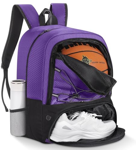 MoKo Basketball Tasche Rucksack, Fußballrucksack für Männer & Frauen mit getrennten Ball- und Schuhfächern, wasserdicht, Zaunhaken, Sporttasche für Kleidung, Schuhe, Tablets, Laptops, Violett