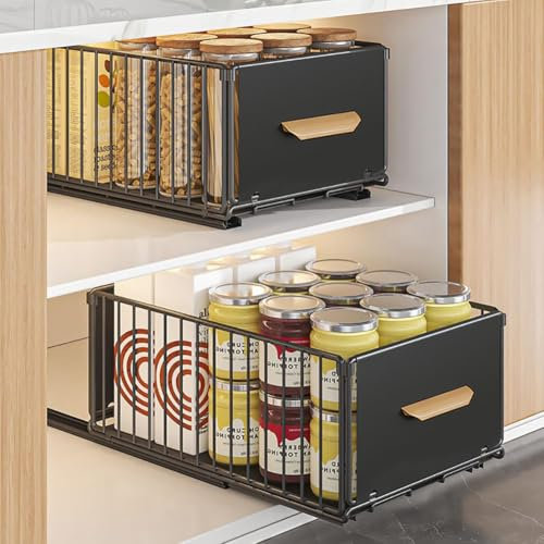 Kongming Tiroir Coulissant Cuisine avec Adhésif Coulisse, Plateau Tiroir Coulissant Organisateur rangement Placard Cuisine pour ranger Épices Vaisselle (2 pièces（24L×40P×18H cm）)