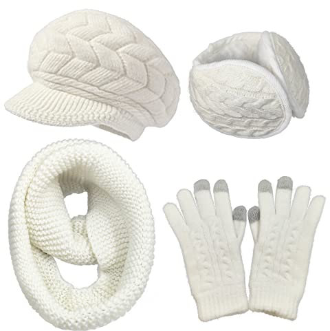 AUSUAYA Damen Wintermütze Schirm, Gestrickte Wollmütze Warmem Fleecefutter & Visor DE-W2M (DE/NL/SE/PL, Alphanumerisch, M, Z2 Weiße Mütze + Schal + Ohrenschützer + Handschuhe mit Touchscreen)