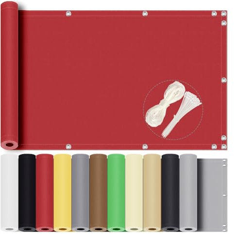 Redfire Balkon Sichtschutz Balkon 90x700cm Balkonabdeckung balkongeländer sichtschutz Wetterfest Blickdichte Windschutz und UV-Schutz mit Kabelbinder Ösen, und Kordel für Balkon Rot