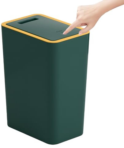 Bedroom Bin,Push Button Plastic Bin for Bedroom,10L Slim Bathroom Bin with Lid,Narrow Waste Bin for Bathroom Anti-Odour,Plastic Thin Trash Can for Office,Living Room,Kitchen,Toilet (Green)