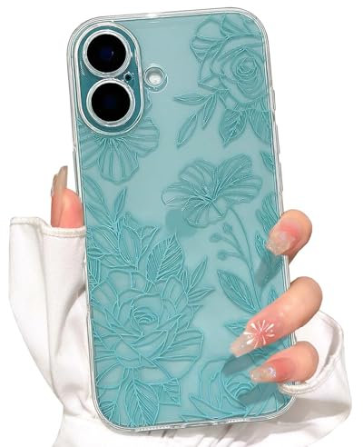 NITITOP Compatible with iPhone 16 Plus Case Cute Clear Green Flower Floral Line Design for Women Girls Transparent Full Camera Slim Soft TPU Shockproof Protective Phone Cover - Green