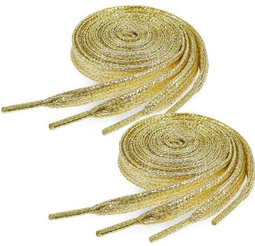 Ouligay Lot de 2 paires de lacets dorés pailletés pour baskets, baskets - 9 mm de large - Lacets plats brillants et brillants - Pour enfants et adultes