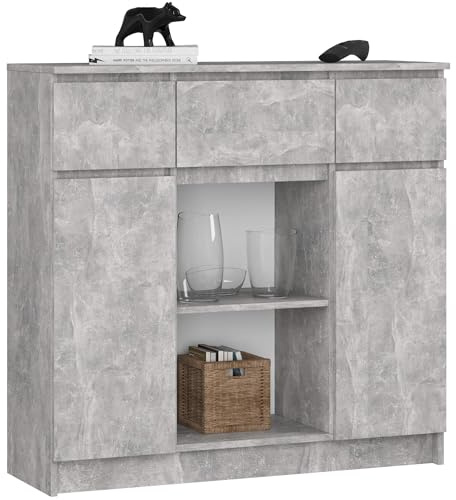 AKORD Cassettiera K100 con 2 Ante e 3 Cassetti 1 Scaffale | Mobiletti Ingresso Bagno | Armadio Cameretta | Comodino | Design moderno | 35x98x101 cm | Cemento