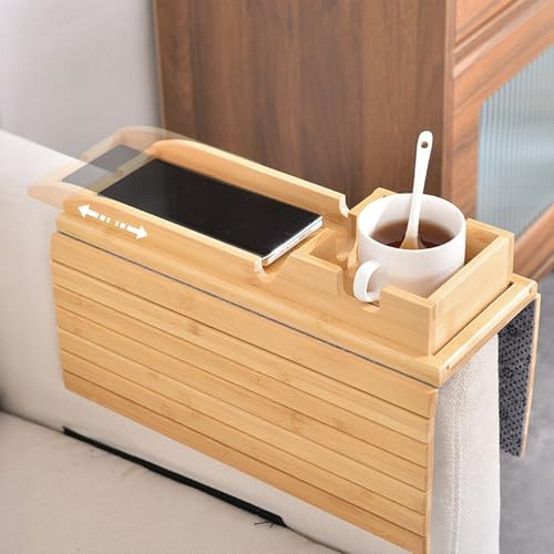 Refein Sofa Arm Tray with Cup Holder - 2-in-1 Foldable | Bamboo Armchair Tray for Wide Armrests Anti-Slip Couch Arm Table for Drinks Remote Snacks Space-Saving Living Room Organizer
