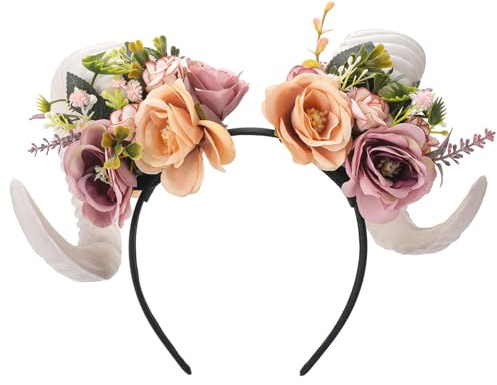 MOSTORY Schafs Kopfschmuck Hörner Headband für Karneval Kostüm Damen, Weiß Teufelshörner Horns Stirnband Haarreif mit Blumen für Renaissance Accessoires Cosplay