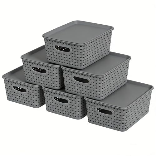 Oymlclivisa 6 Packs Woven Plastic Storage Baskets with Lids, Dark Grey | Lidded Organizer Shelf Basket, Stackable Storage Boxes for Bathroom, Office, Cupboard