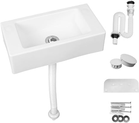Lavabo colgante blanco, 40 x 20 x 11 cm / 16 x 8 x 4 pulgadas o montado en la pared rectangular de plástico mini perchero 75 cm con tubería de agua (40 x 20 x 11 cm)