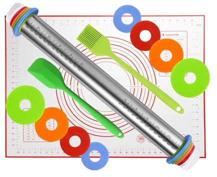 Stainless Steel Rolling Pin with Thickness Rings - 43cm Baking Roller Kit with Non-Stick Mat, Cleaning Brush & Mini Silicone Spatula for Pizza, Pastry, Cookie Dough, Home Bakery Accessories