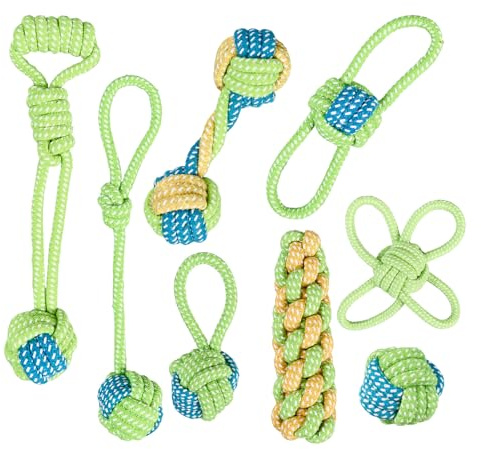 NEXUS - Set da 8 giocattoli per cani in corda di cotone, design carino, giocattolo da masticare resistente per cani piccoli e medi, gioco interattivo N16TOYPROJECT02