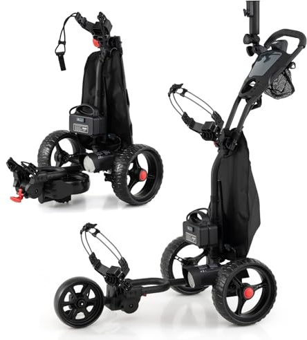 COSTWAY Golftrolley Elektrisch, 3 Rad Golf Cart klappbar, Golfwagen mit verstellbarem Griff & 9 stufiger Geschwindigkeit, Golf Caddy inkl. Schirmhalter, Getränkehalter, Kühltasche & USB-Anschluss