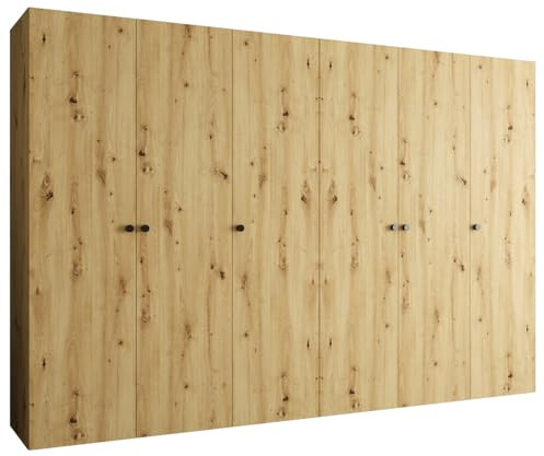 MEBLE KRYSPOL - Kleiderschrank - Garderobenschrank - 300 cm x 202 x 52 cm - Schrank mit Kleiderstange, 6 Türen - für Schlafzimmer, Flur - Parma, Artisan-Eiche, Griff Schwarz