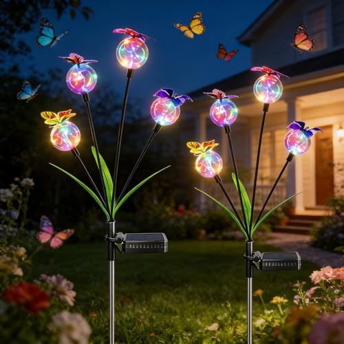 Ferakum 2 Stück Solarlampen für Außen Garten Schmetterling Solar Lichter,Garten Deko Solarleuchten für Außen LED,IP65 Wasserdicht Solar Big Bulb Lampe für Rasen Balkon Terrasse Hof (Bunt)