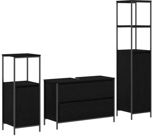 Yisssmeng Ensemble de salle de bain 3 pièces - Chêne noir - 90 × 34,5 × 60 cm - Avec meuble sous-vasque, 2 armoires hautes - Moderne - Grand espace de rangement - Petit WC d'invités