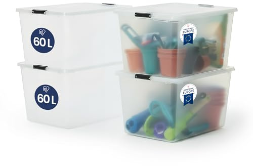 Iris Ohyama Aufbewahrungsboxen mit Deckel Groß, 60 L, 4er-Set, FTB-60 | Matt, BPA-freies Plastik-Box, Kleiderboxen Stapelbar, Verschlussclips, Robust, Kunststoff Organizer, Kiste Lagerbox