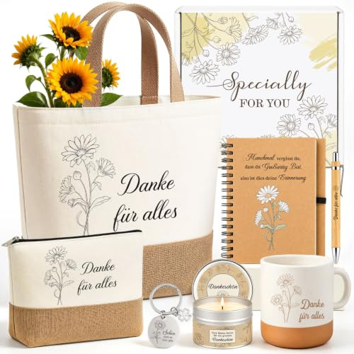 Giftota Dankeschön Geschenke für Frauen, 8tlg. Abschiedsgeschenk | mit Tragetasche Kosmetiktasche Tasse Duftkerze, Danke für alles, Geburtstagsgeschenke für Mama, Kollegin, Freundin, Lehrerin