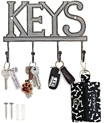 Comfify Key Holder “Keys” – Wall Mounted Western Key Holder | 4 Key Hooks |Decorative Cast Iron Key Rack| with Screws and Anchors – 6x8”- Ca-1506-04 (Antique White)