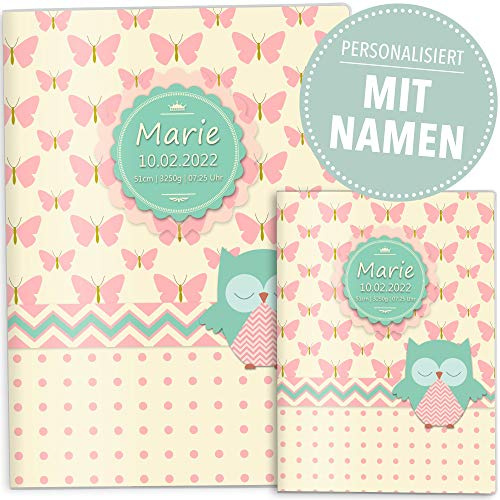 OLGS Hülle für U-Heft + Impfpass, Design Eule Schmetterling Untersuchungsheft Hülle & Impfpasshülle schöne Geschenkidee personalisierbar mit Namen (U-Heft Set personalisiert, Elsa)