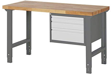 STIER Höhenverstellbare Werkbank Premium, 3 Schubladen, 150x70x79-114cm, aus pulverbeschichtetem Stahl und Buche, ideal für flexible und ergonomische Werkstätten