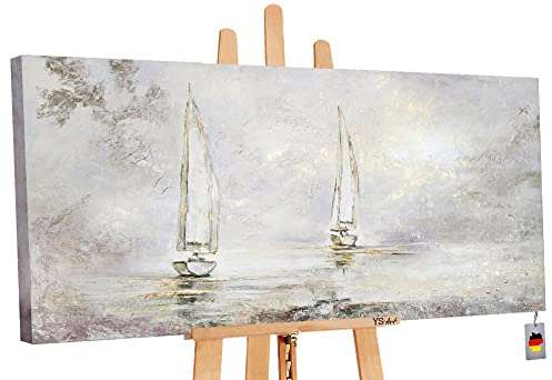 YS-Art Abstrakt Acryl Gemälde auf Leinwand Morgendämmerung handgemalt Wandbilder Wohnzimmer modern Wohndekor Bilder Büro Segelboote Meer echte Kunst 100x50 cm