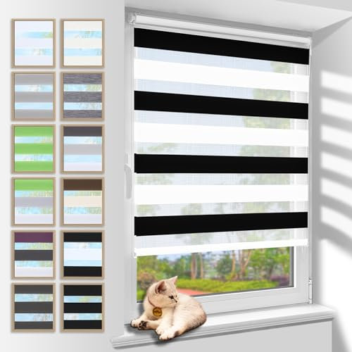 Zarnan Doppelrollo Klemmfix ohne Bohren Schwarz-weiß 90x130cm(Stoffbreite 86cm) Duo Rollo Blickdicht Zebrarollo Rollos für Fenster ohne Bohren für Wohnzimmer Küche Büro lichtdurchlässig