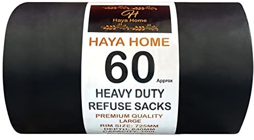 Haya Home 60 Black Plastic Bin Bags Heavy Duty Bin Liners, Refuse Sacks Heavy Duty Waste Dustbin Bags roll 100L for Kitchen Home Office DIY Garden Made from 100% Recycled Material