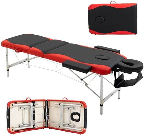 HOMCOM Lettino da Massaggio Pieghevole ad Altezza Regolabile, Lettino Professionale per Massaggi in Alluminio e Plastica, 215x81x61-84 cm, Nero e Rosso