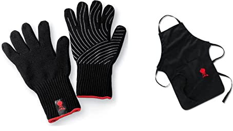 Weber Premium Gloves, Size L/XL, black, heat resistant & 6474 Apron - Black, 20.3 in*50.5 in*1.0 in