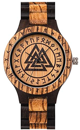 YCYR Herren Wikinger Bambus Holzuhr, Nordische Mythologie Rune Doppelte Farbabstimmung Vintage Handgemachte Quarzuhren Schmuck Geschenk mit Einstellbar Gurt,Valknut