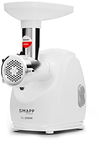 SMAPP 489.8 Elektrische Fleischwolf – 2000W, WEISS, 3 Edelstahl-Lochscheiben (2,7mm, 4mm, 8mm), Wurstaufsatz, kompakt & leise, Anti-Rutsch-Füße