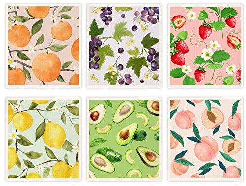 Morigins Mixed Fruit Swedish Kitchen Dishcloths Reusable Dish Towels Absorbent and Fast Dry Cleaning Cloths for Kitchen Cleaning Wipes 6 Pieces